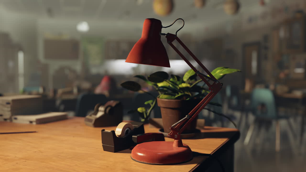 lámpara de escritorio roja en un escritorio en un aula