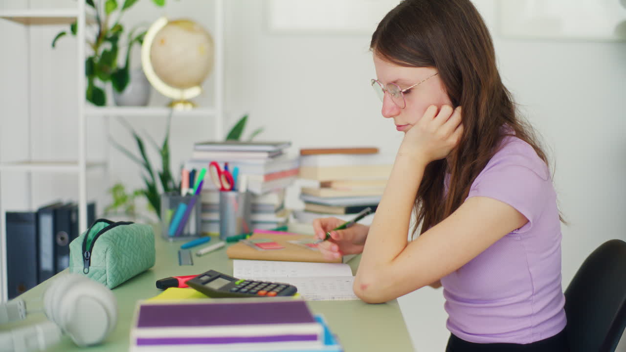 Giovane studentessa concentrata che fa i compiti e studia alla sua scrivania
