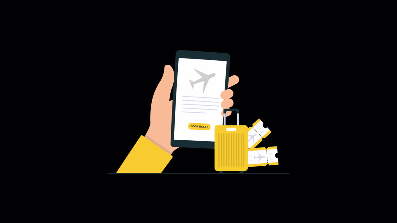 Hånd der holder smartphone til online flybooking med billetter og kuffert
