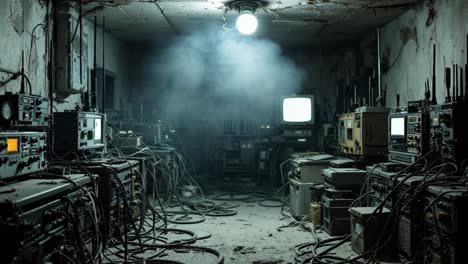 abandoned control room with vintage electronics and tangled wires