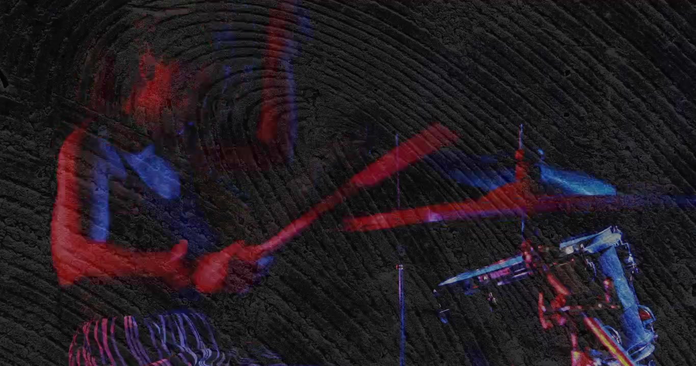 Woman drummer lowering sticks, striking cymbals, toms driving music ring overlay adding motion