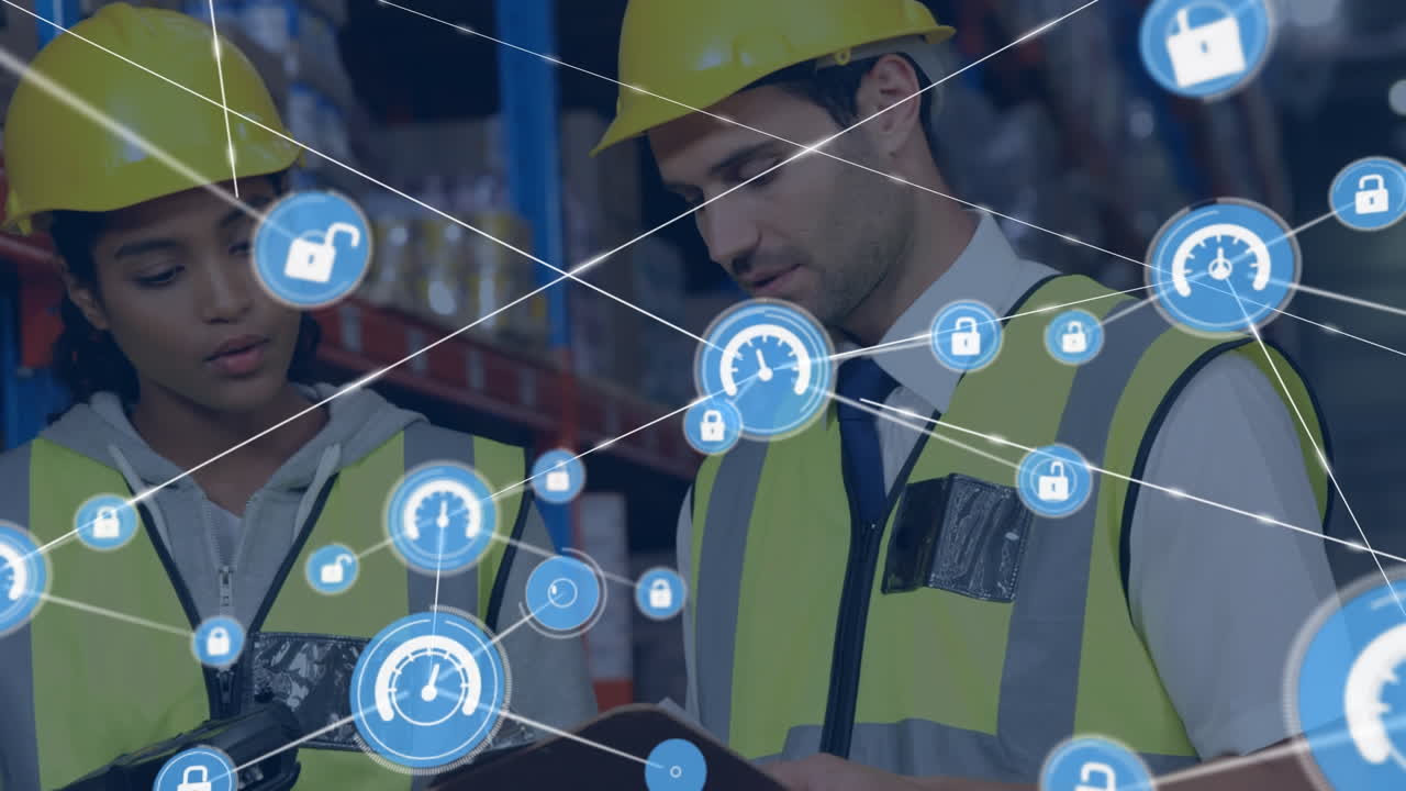 창고의 다양한 노동자들에 대한 아이콘으로 연결된 네트워크의 애니메이션