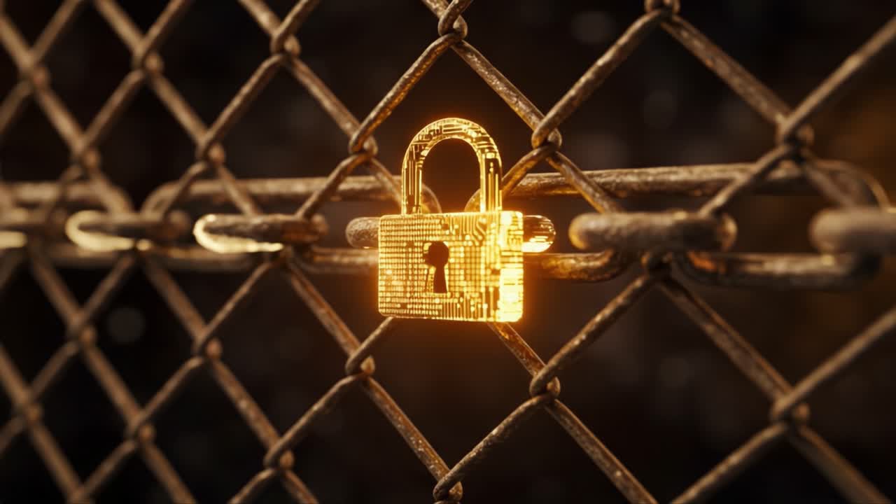 A Glowing Digital Padlock Secured to a Chain Link Fence, Representing the Concept of Cybersecurity and Privacy Protection in a Technological World