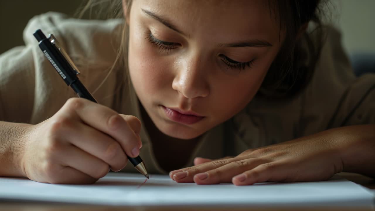 Estudiante dibujando en el escritorio, con la punta del lápiz tocando el papel y haciendo pequeños trazos para completar la tarea.