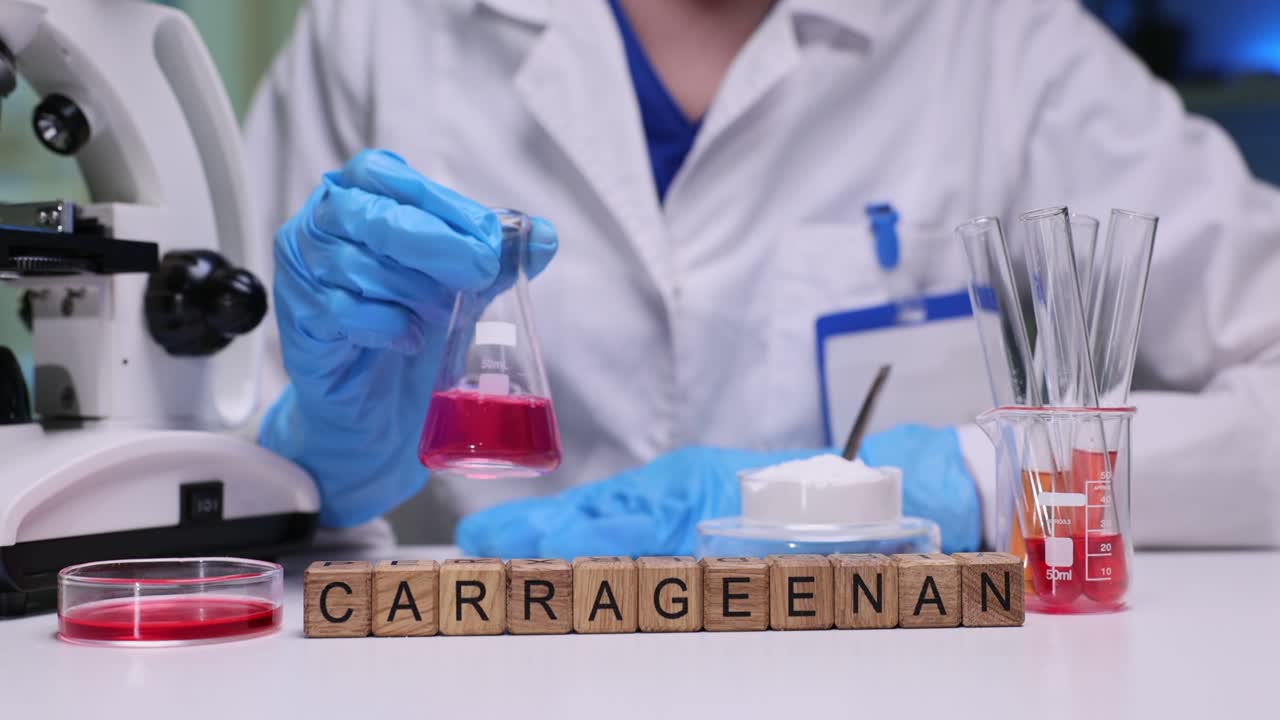 Scientist Swirling Red Liquid in Flask with Carrageenan Blocks