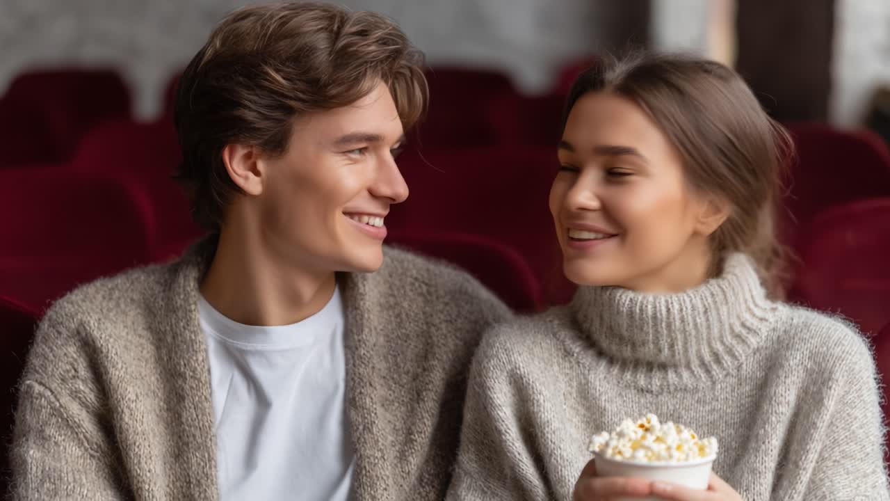 A Couple Enjoying a Movie Together While Sharing Popcorn in a Cozy Theater Setting, Capturing Joyful Moments and Affectionate Smiles in the Heart of Cinematic Experience