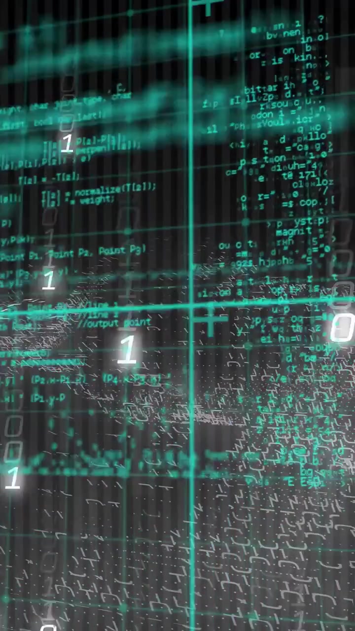 Vertical video: Data display starting with grid lines, forming mesh and cascading binary for tech