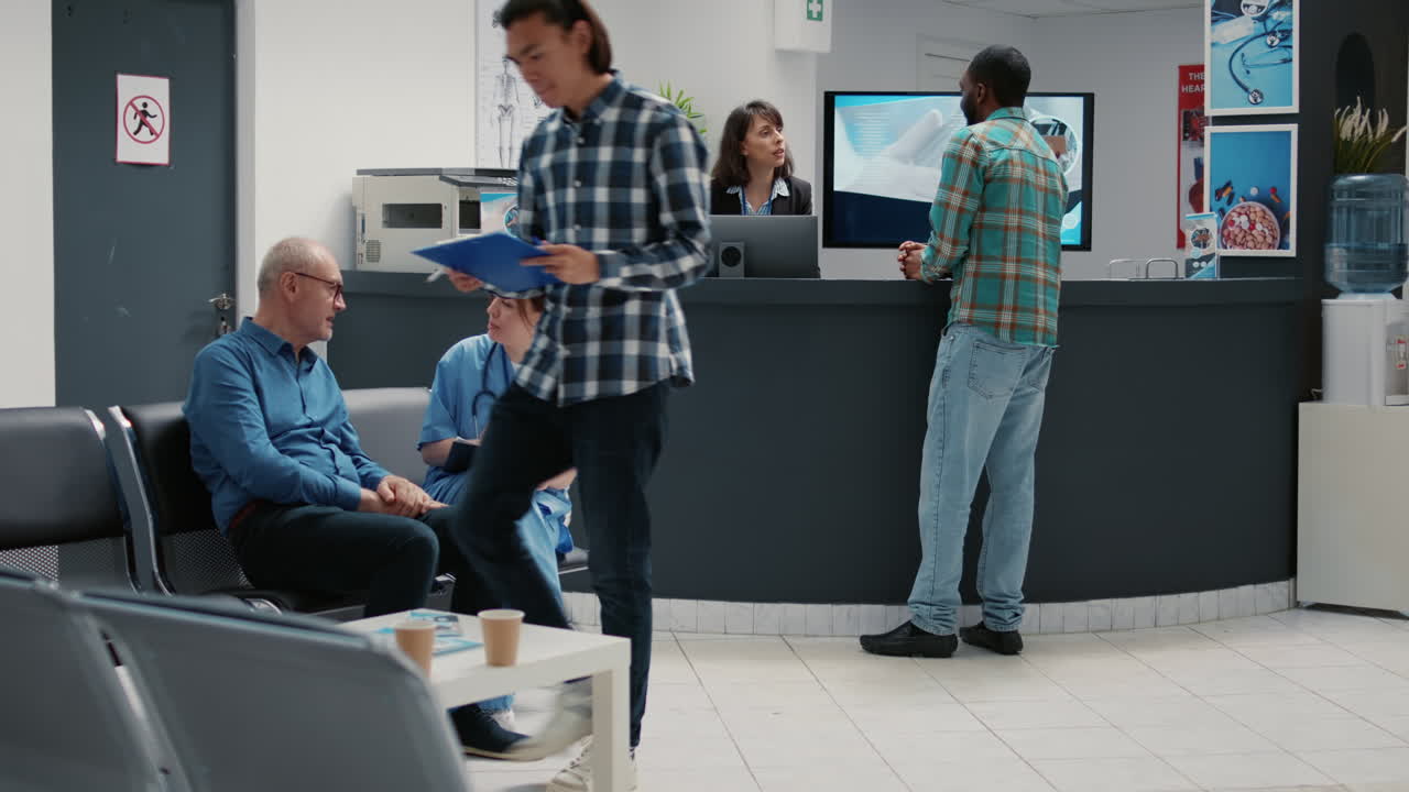Hospital Waiting Room with Patients and Staff