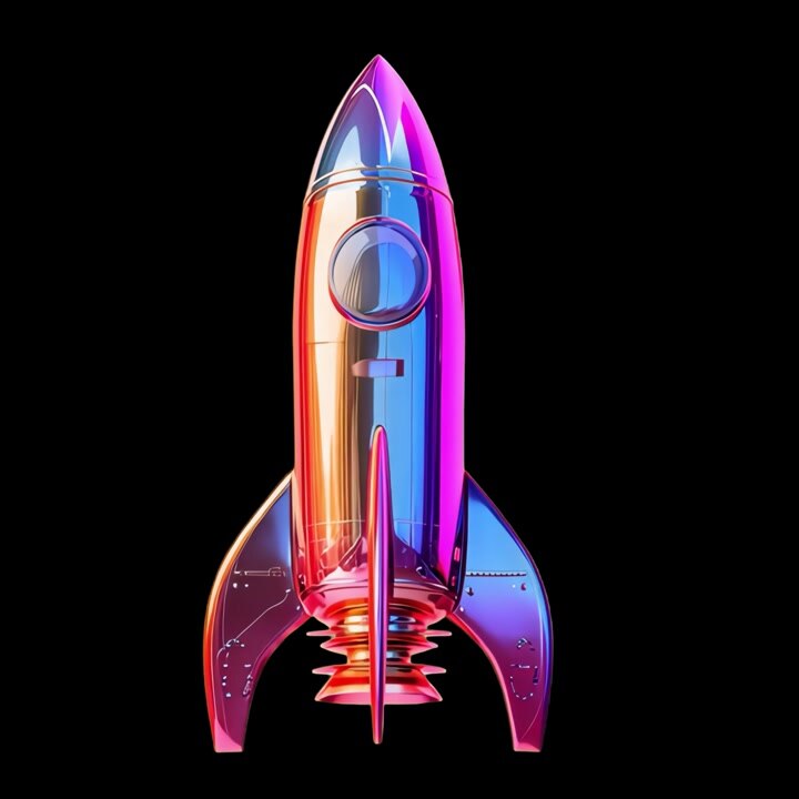 Rotating Iridescent Metallic Rocket Ship on Black Background