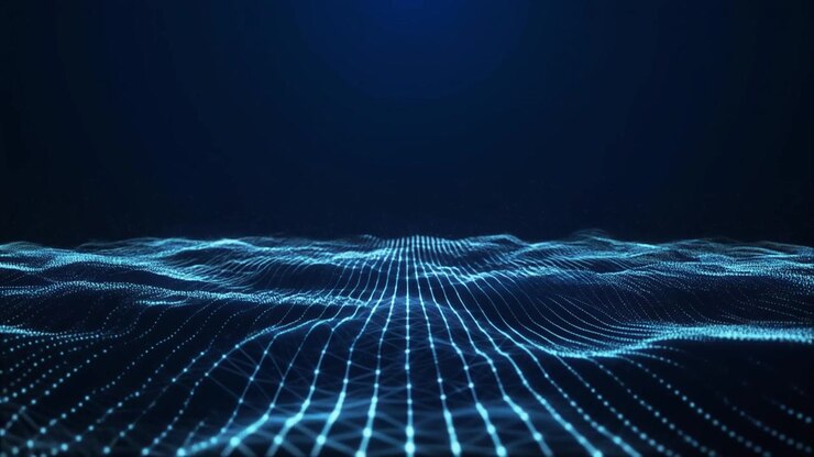 Griglia astratta di onde di dati digitali in movimento nello spazio scuro