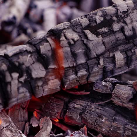 wooden logs glowing in fire. firewood coal in the fireplace. texture of burned wooden logs. slow motion shot. close-up.