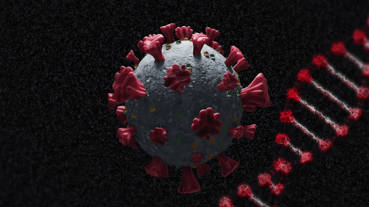 animación de la célula de covid-19 y la cadena de adn girando sobre un fondo negro