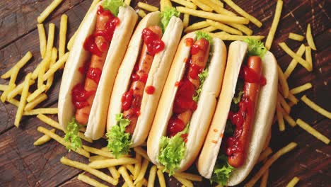 american hot dogs assorted in row. served with french fries