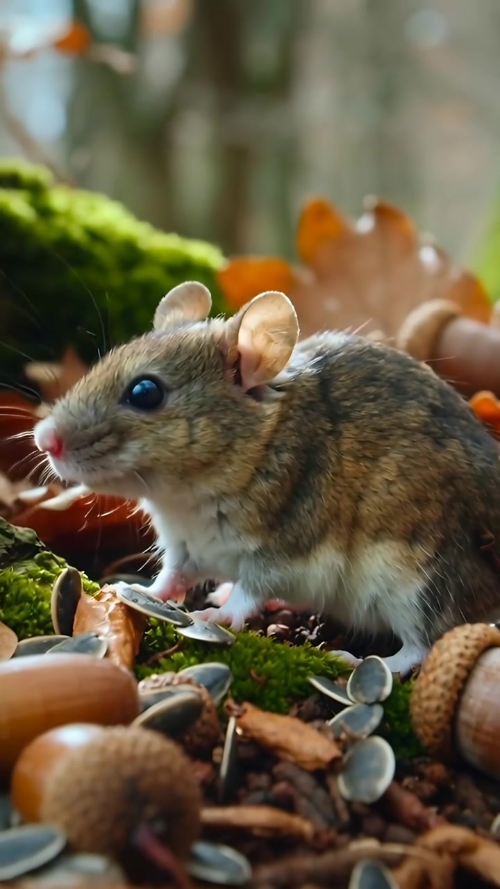 Video verticale: Topolino marrone che annusa il terreno, cerca cibo su un tappeto di muschio, rosicchiando ghiande e gusci
