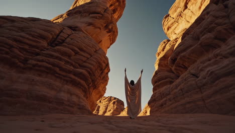 figure with raised arms in a desert canyon