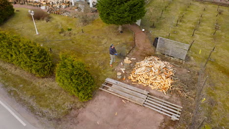 aerial view orbiting a lumberjack chopping firewood with an axe, spring day