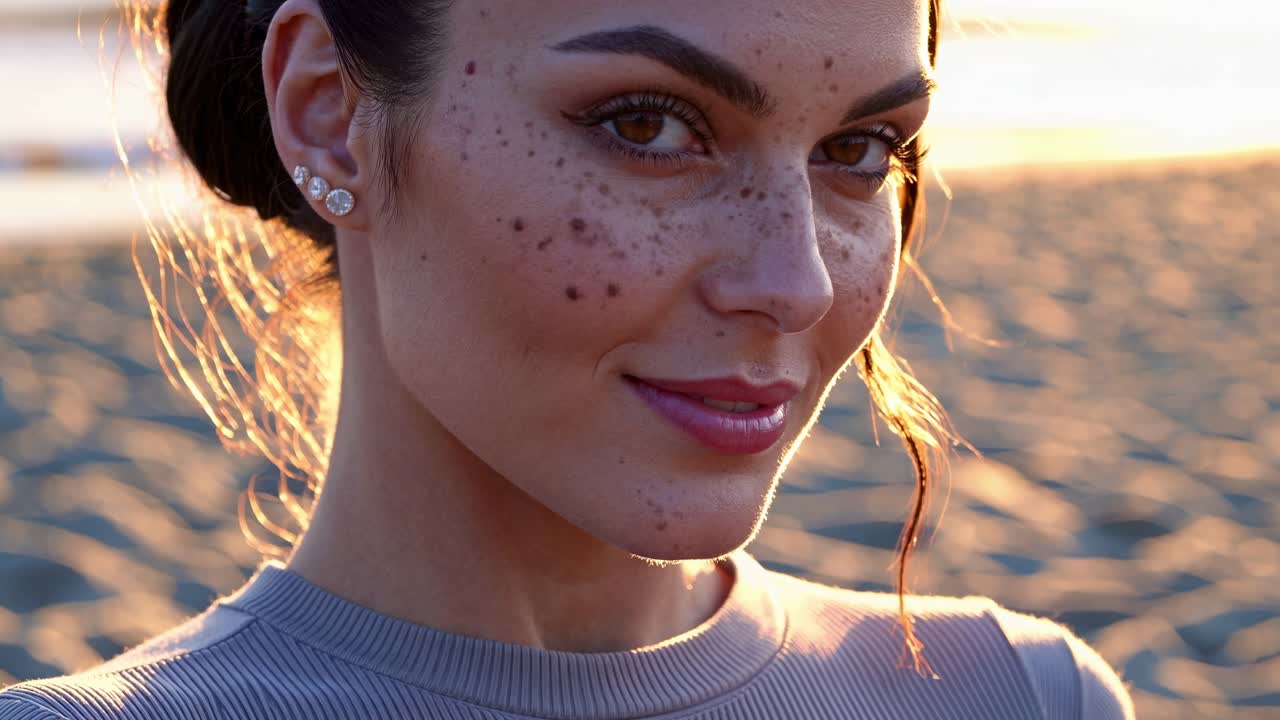 Freckled model smiling serenely on a beach during sunset, basking in the warm glow of golden hour light, embodying a sense of peace and happiness in a picturesque outdoor setting