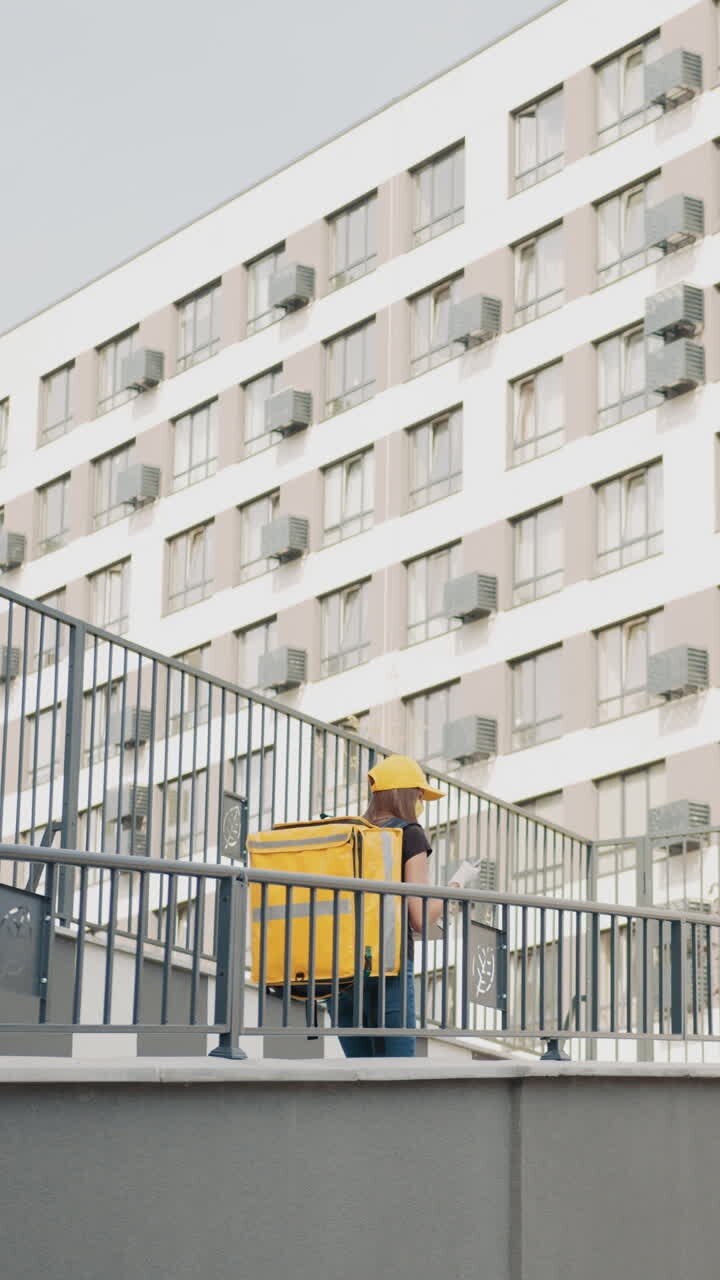 Addetto alle consegne che cammina vicino a un edificio