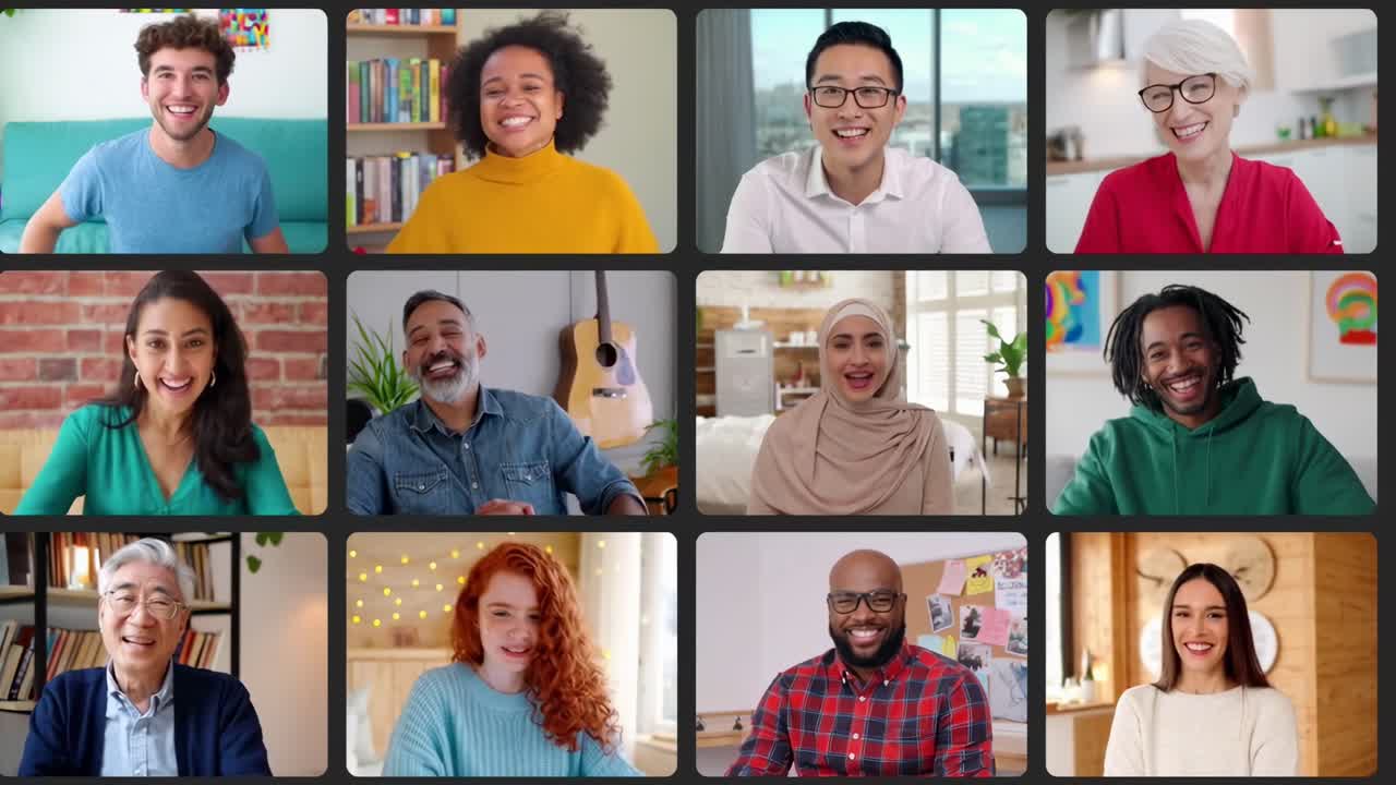 Grid of diverse people in a video call, smiling
