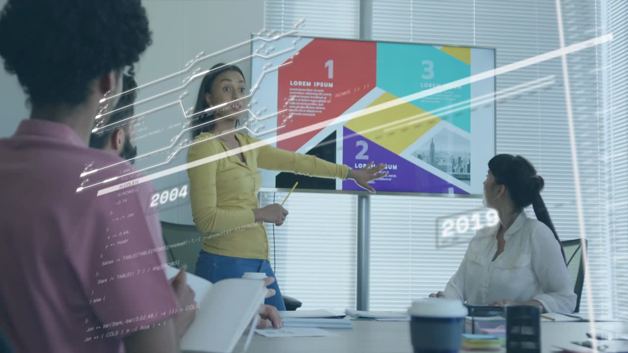 Glitch overlaying meeting fading, presenter pointing at business chart while colleagues applauding