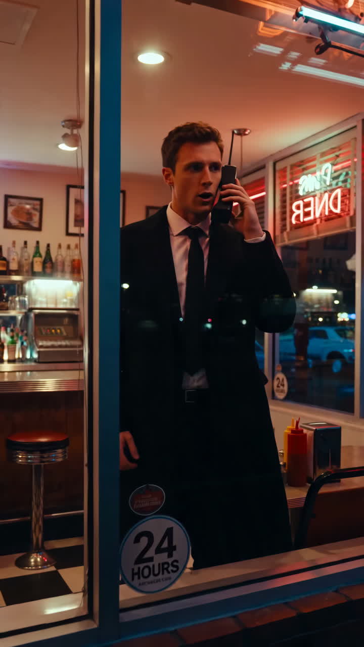 Uomo in tavola calda al neon, uomo d'affari in giacca e cravatta fa una telefonata a tarda notte vicino alla finestra, illuminazione cinematografica suggestiva.