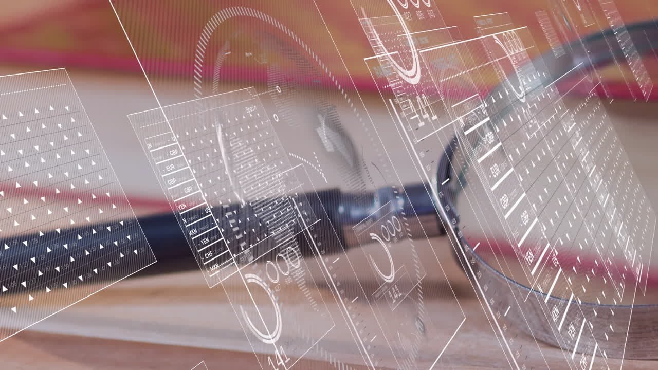 USB connector sitting on wood desk, projecting floating holographic UI panels with charts