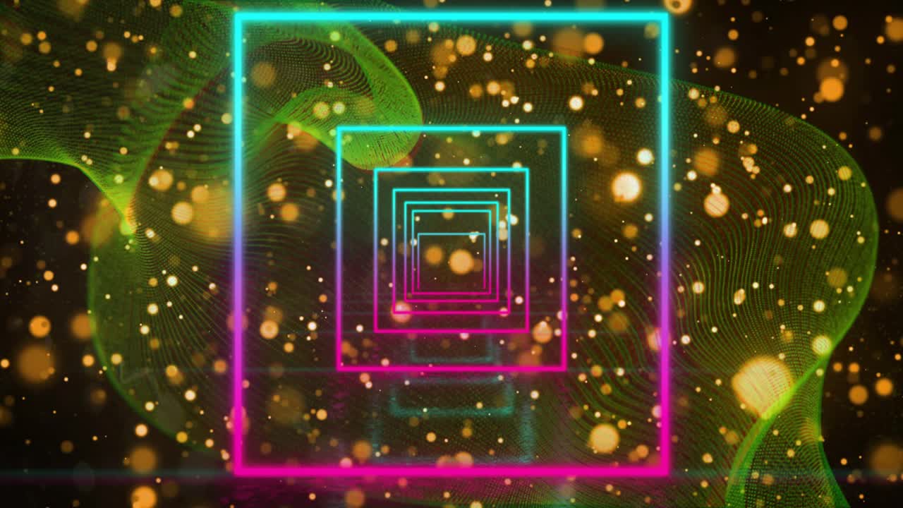 On play nested neon squares pulsing, green ribbon undulating, gold specks drifting, showing depth