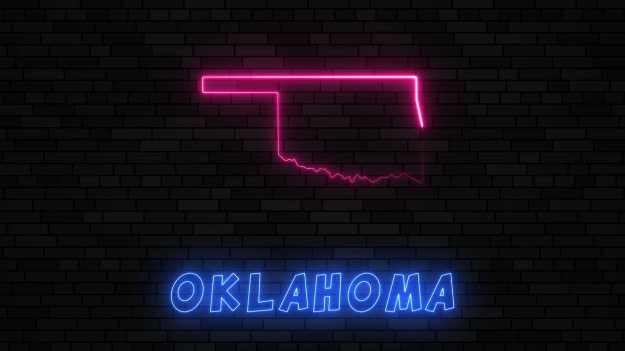 오클라호마 주 지도: 어두운 벽돌 벽 바탕에 네온 선을 가진 실루