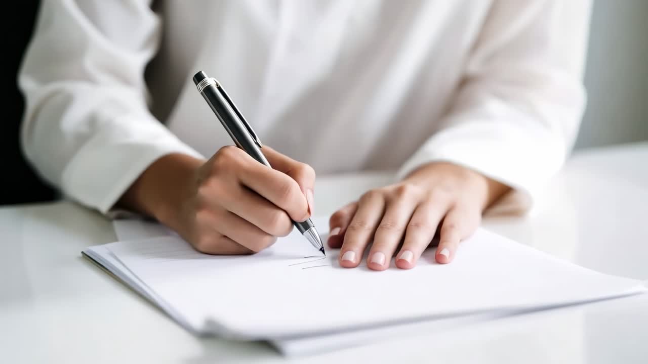 Close-up of hands writing with a pen on paper. Person wears a white shirt. Focus on hands and pen
