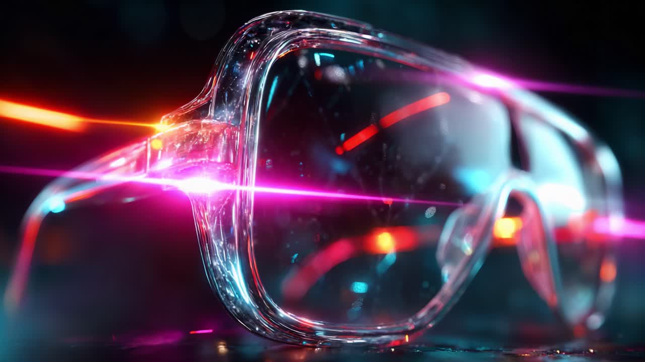A dazzling close-up of futuristic glasses showcasing vibrant neon reflections and dynamic light streaks, merging innovation with art to create a stunning visual experience that captivates the imagination