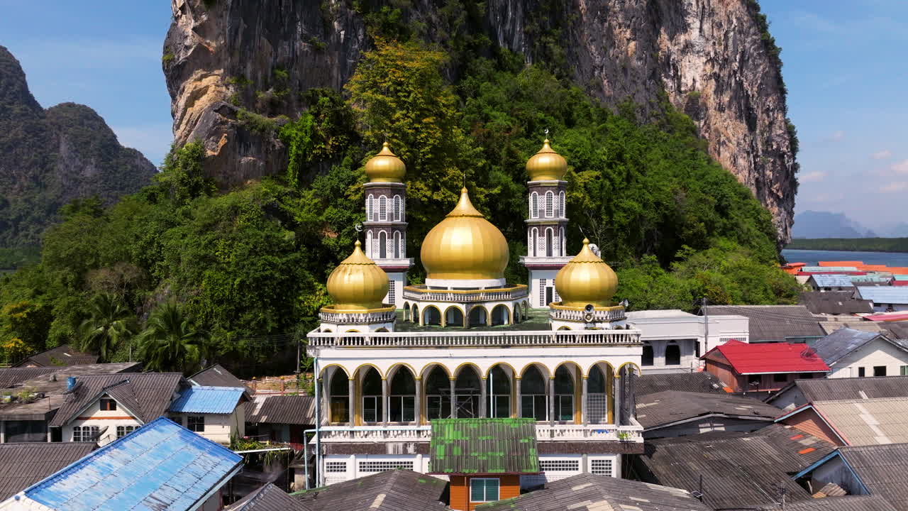 Ko Panyi Darussalam Mosque In The Unique Floating Village Of Ko Panyi, Thailand. Aerial Drone Shot