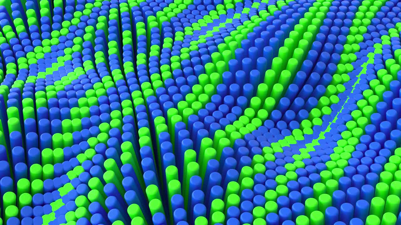 líneas verdes azules abstractas fondo con cilindros. azulejos redondos de cerámica. patrón de geometría. células aleatorias. superficie poligonal brillante. abstracción futurista. bucle sin costuras animación 3d de 4k