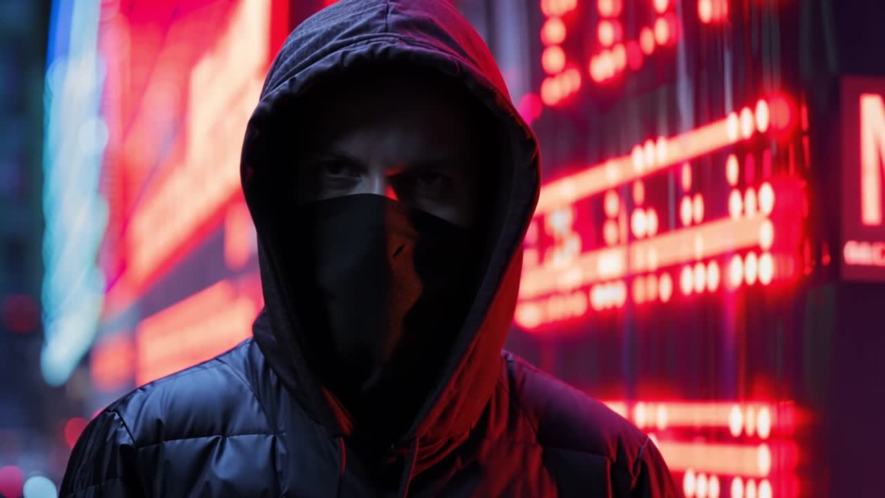 Anonymous Hacker in Hoodie and Mask Amidst Digital Red Lights