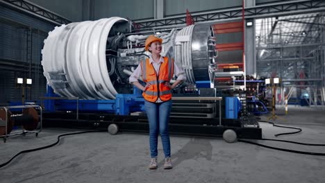 full body of asian female engineer wearing safety helmet looking around while standing with arms akimbo with airplane engine maintenance conducted