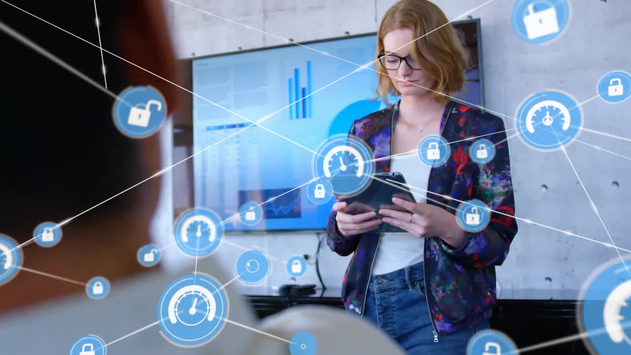 animación de una red de conexiones con iconos sobre una mujer de negocios caucásica que usa una tableta