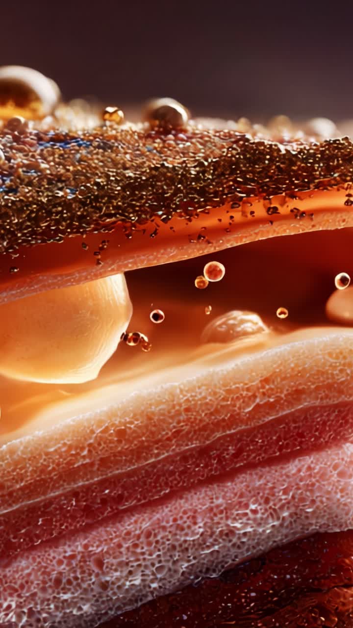 Uno straordinario primo piano di strati texturizzati che scintillano di bolle e liquido, catturando la bellezza di tonalità colorate e motivi intricati nella macro fotografia