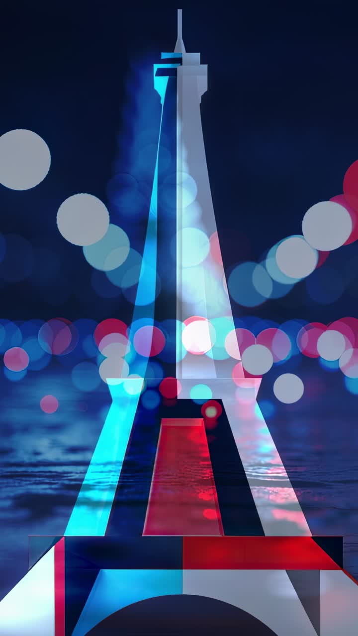 Vertical video: Glowing tower displaying blue white red panels on riverbank, reflecting bokeh orbs