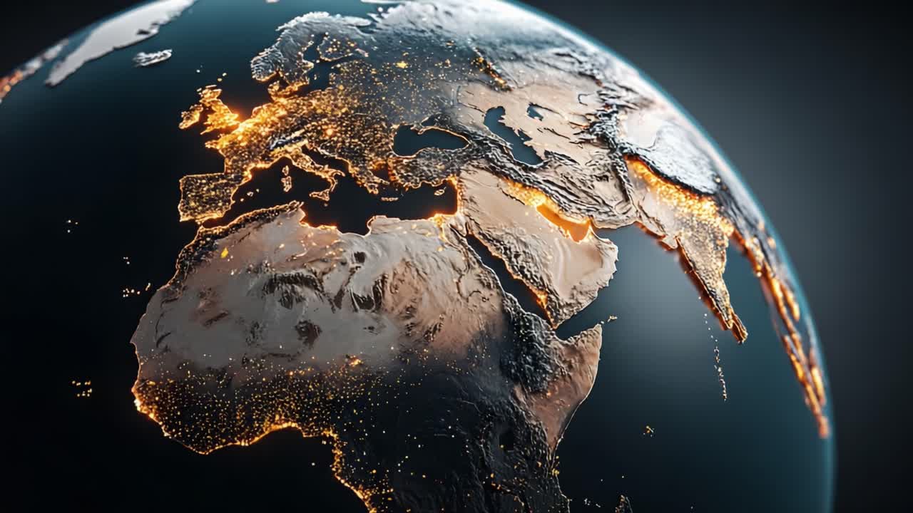 A Stunning View of Earth: Illuminated Cities and Natural Landscapes Captured in High Detail, Showcasing the Beauty of Europe and Africa from Space at Night