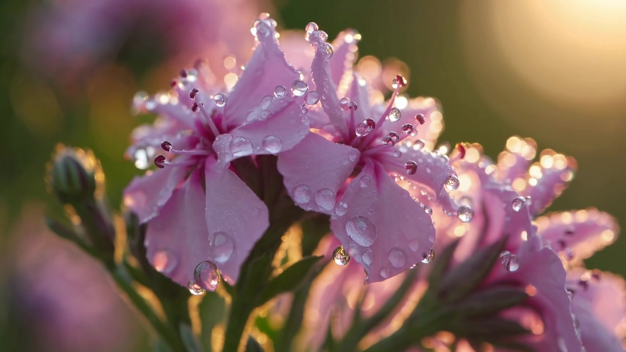 Primo piano di fiori di Phlox rosa coperti di rugiada mattutina