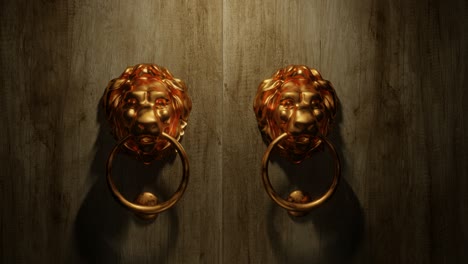 filmic 3d green screen transition - a lion brass door knocker knocks 3 times. the doors open and reveal the green screen. 3d illustration