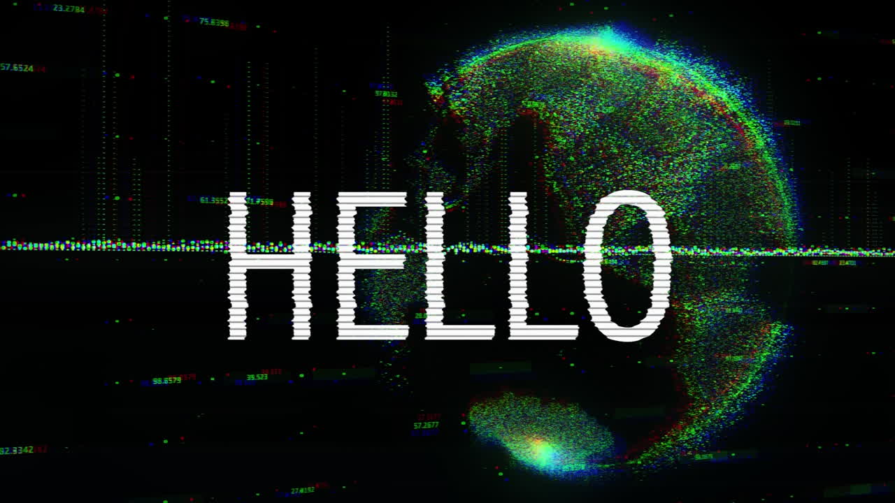 Animation of hello text over globe on dark background