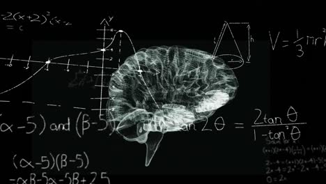 animación de ecuaciones matemáticas sobre el icono del cerebro humano giratorio contra un fondo negro
