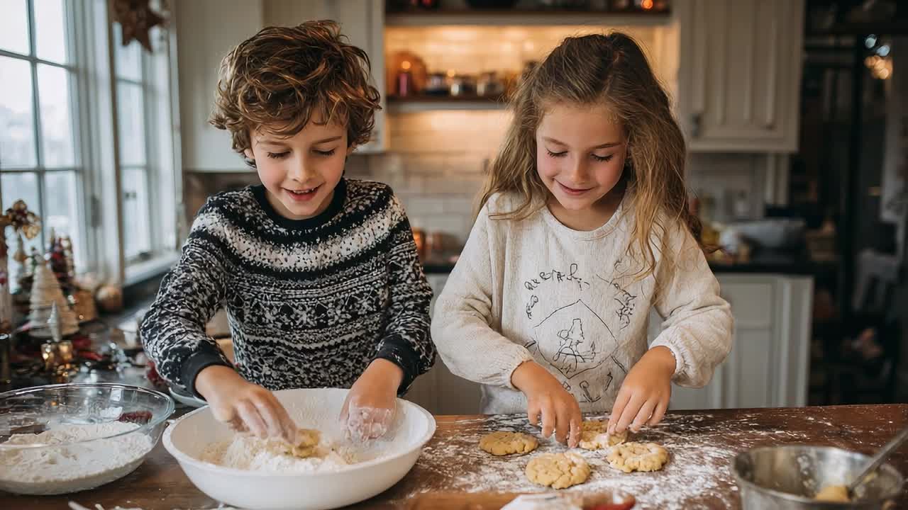 Kids baking cookies together in a cozy kitchen during the holidays