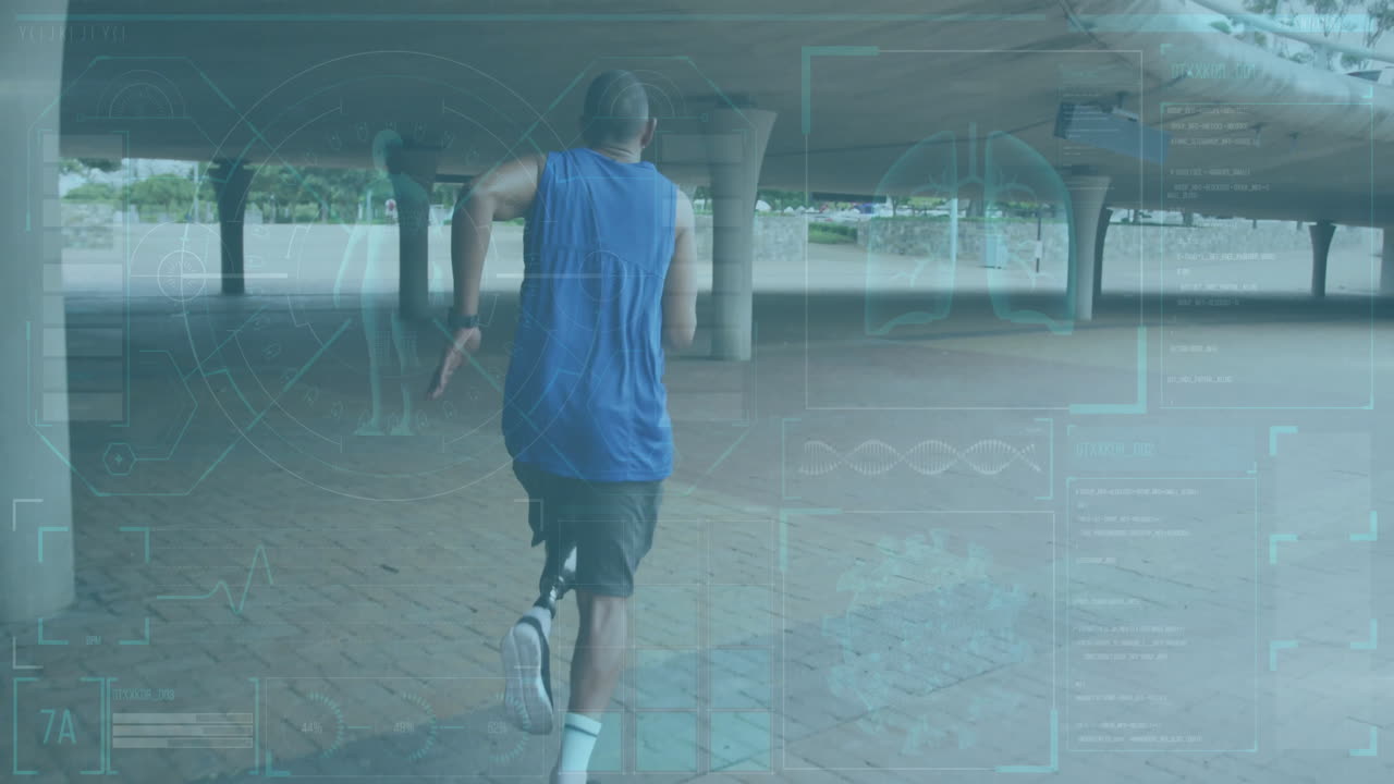 Running under bridge, man with health data animation overlay in urban setting