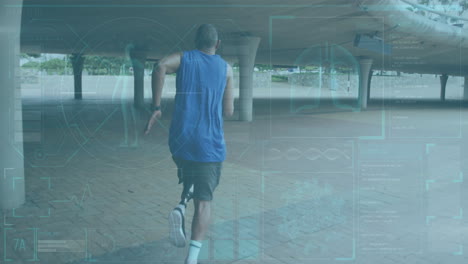 running under bridge, man with health data animation overlay in urban setting