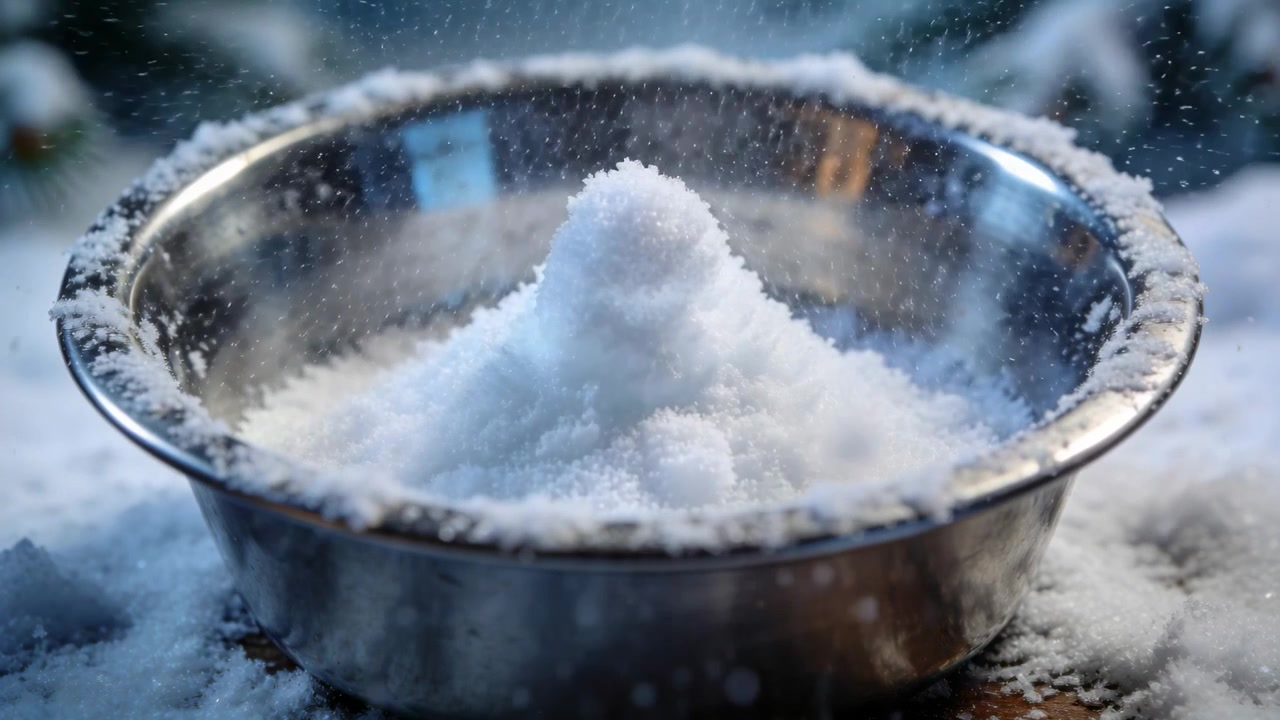 Neve che cade inizia ad accumularsi dentro una ciotola di acciaio inossidabile su un tavolo spolverato di neve, formando un cono.