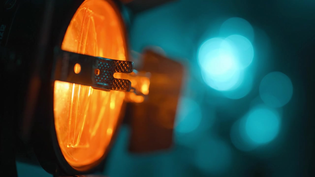 Apertura illuminata: una vista ravvicinata di una sorgente luminosa arancione brillante circondata da uno sfondo blu tenue, creando un contrasto sorprendente di colori e texture
