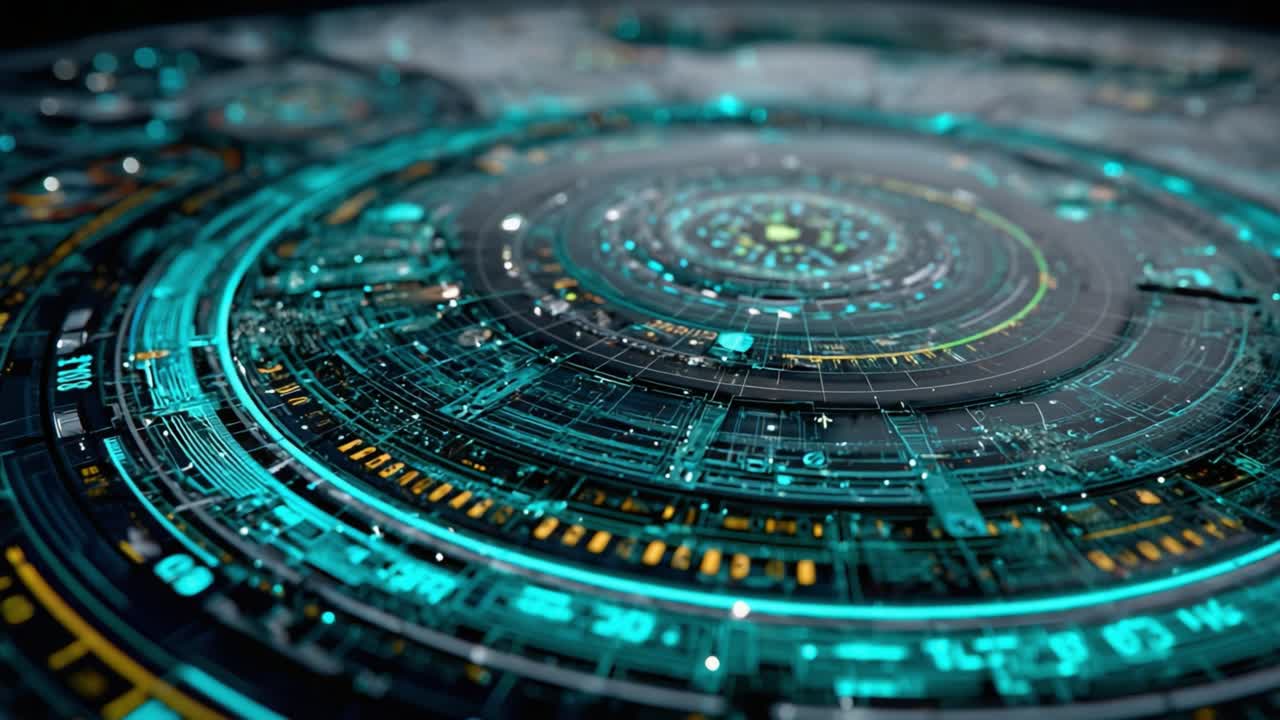 Futuristic Digital Interface with Intricate Circuits and Glowing Elements, Showcasing a Highly Detailed Sci-Fi Design of a High-Tech Hub for Advanced Technology