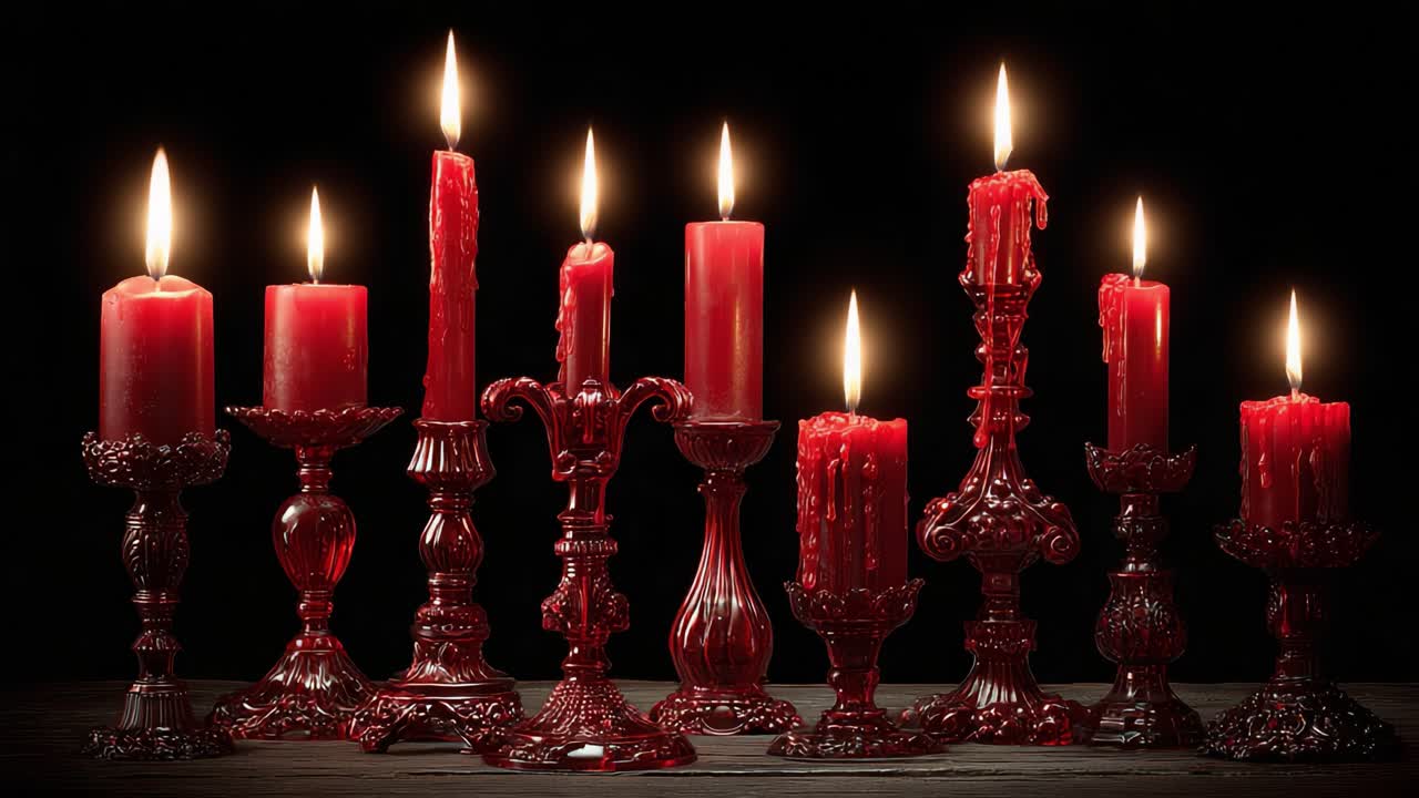 Un'affascinante esposizione di candele rosse: una disposizione incantevole di eleganti portacandele illuminati da una fiamma tenue in un ambiente buio.