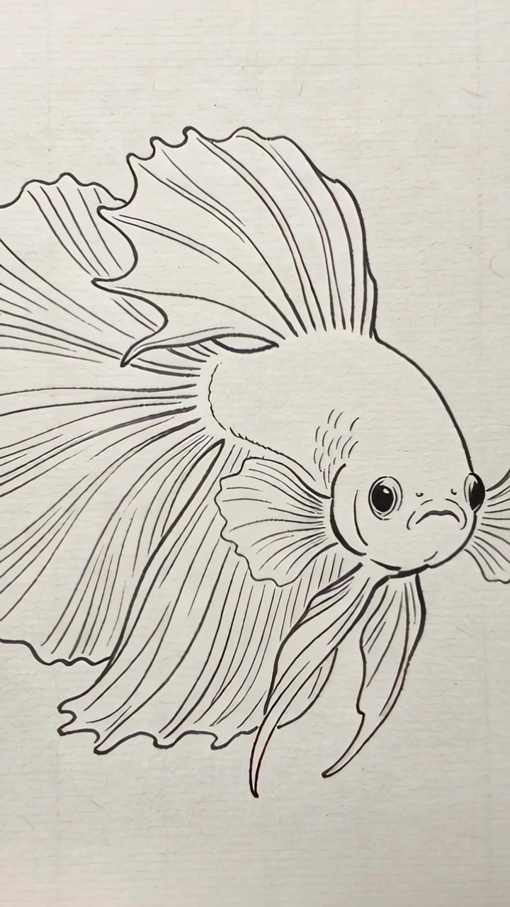 Video verticale: Telecamera che panoramica a destra, rivelando un disegno di pesce a inchiostro su carta bianco sporco, centrando l'immagine.